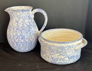 LR - 2-Piece Spongeware Pitcher & Bowl Set - Blue Speckled Glaze