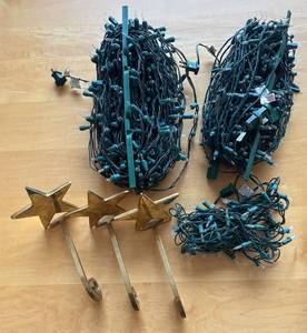 LR - Three Brass Star Stocking Holders and Christmas Lights