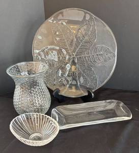 LR - Leaf Plate, Bubble Vase, Atlantis Crystal Ribbed Bowl & Rectangular Tray