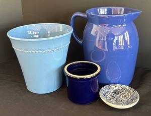 LR - Gaetano Blue Glazed Pitcher with Light Blue Planter, Dark Blue Crock & Floral Plate