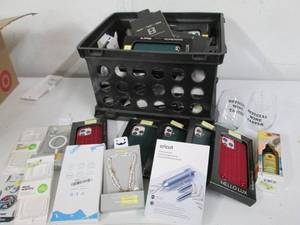 Plastic crate filled with phone acc...