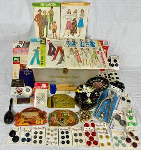 Vintage Sewing Collection - Includes Vintage Tin and Button Collection, Vintage Simplicity Patterns, Snaps and Eyelet Tool, Vintage Sewing Needle Cases, and Wooden Darning Egg