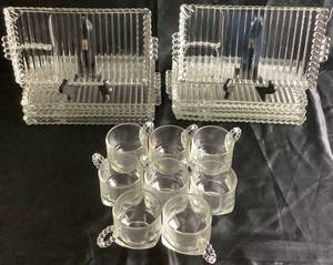 Hazel Atlas Snack, Sip, and Smoke Glass Luncheon Serving Trays with Cups - set of 8