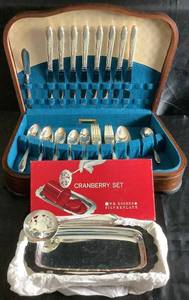Wm. Rogers & Son Gardenia Pattern Silverplated Flatware with Wood Case & Wm. Rogers Silverplate Cranberry Set