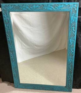 Vintage Rectangular Teal Carved Wall Mirror