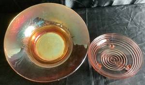 Iridescent Marigold Carnival Glass Wide Bowl 10 and Vintage Pink Depression Round Beehive Footed Low Bowl 6.5