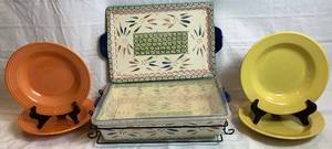 Vintage Fiesta Rimmed Bowls (4) and Temp-tations Ceramic Baker with Lid and Matching Tray