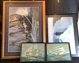 Collection of Framed Maritime Prints and Books - Includes Le Siecle du Belem by Philip Plisson (30 x 41.5), 2 Vintage Paint By Number Tall Ship Prints (16.75W x 12.75H),  Lighthouse Print by Jean Guichard (23.5H x 31.5W)