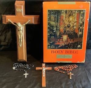 Collection of Catholic Vintage Items Includes Vintage Last Rites Sliding Crucifix, 2 Rosaries from Lourdes, France, Small Wall Crusifix, Vintage Boxed Catholic Bible - 1951 Papal Edition