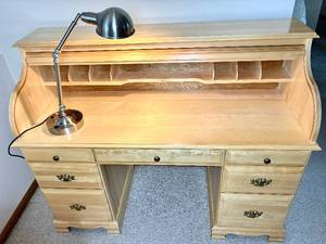 Vintage Double Pedestal Roll Top Desk with Lamp