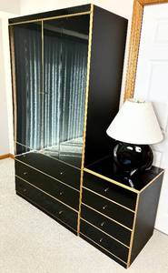 Vintage Bauhaus Lacquer Armoire and 3 Drawer Nightstand with Black Lamp