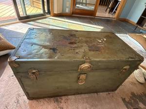 Antique Green Painted Wood Trunk Footlocker 32x17x18 Rustic Decor