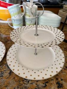 Pair White Gold Polka Dot Ceramic Tidbit Trays 2 Tier Serving Stands