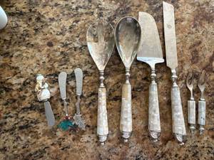 Vintage Serving Utensil Lot Mother of Pearl Handles Silverplate 9 Pc