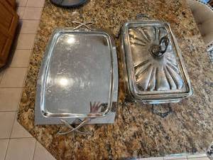 2 Pc Silverplate Serving Tray & Covered Casserole Dish Glass Insert