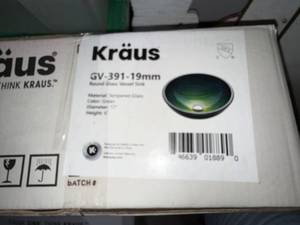 Kraus GV-391-19mm Round Glass Vessel Sink Green 17 in Boxed