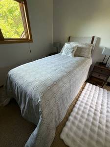 Twin Bed Frame with Upholstered Headboard and Linens Bracket Included