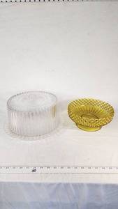 Clear Glass Cake Stand with Lid and Yellow Glass Bowl