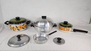 Vintage Floral and Aluminum Cookware Set Including Casserole Dish and Saucepan