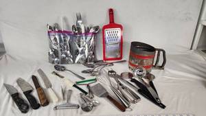 Assorted Vintage Kitchen Utensils including Sift-Chine Sifter, Grater, and Knives