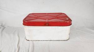 Vintage Metal Bread Box with Red Lid