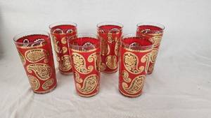 Vintage Red and Gold Paisley Highball Glasses