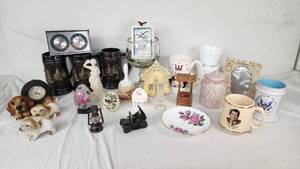 Assorted Vintage Collectible Items including Uncle Sam Mug, Decorative Plates, and Figurines