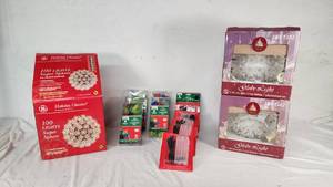 Holiday lighting collection including GE Holiday Classics 100 Lights Super Sphere, Enchanted Forest Globe Light, and LED light sets
