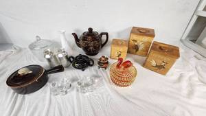 Vintage Kitchenware including Japan Teapots, Glassware, and Wooden Canisters including Jeanette Amberina Swan Glass Trinket Box