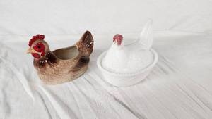Ceramic Chicken Decor and Milk Glass Hen on Nest Dish