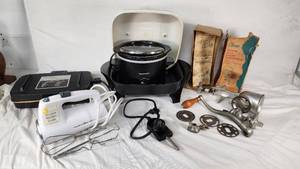 Hamilton Beach DoubleMAC Sandwich Maker and Other Kitchen Appliances including Toastmaster Crock Pot, Presto Electric Skillet, and Vintage Climax Meat Grinder