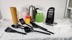 Hamilton Beach Electric Can Opener, GE Stainless Steel Percolator, and Kitchen Utensils Set