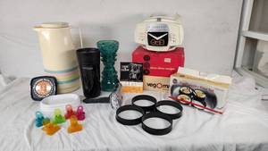 Vintage Veg-O-Matic Food Preparer and Kitchen Items Lot including Thermos, EggPancake Ring Set, and Clips