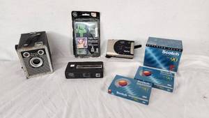 Ansco Shur Shot Camera, Kodak Tele-Instamatic 608 Camera, and Vivitar PN2011 Camera with Flip Flash II and Scotch Audio Cassettes