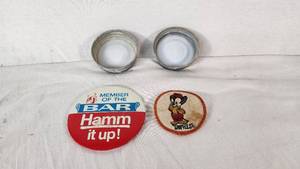 Hamms Beer Bar Pin, Vintage Metal Lids, and Cartoon Mouse Patch