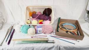 Yarn and Knitting Supplies Lot including Bernat Yarn, Circular Needles, and Crochet Hooks