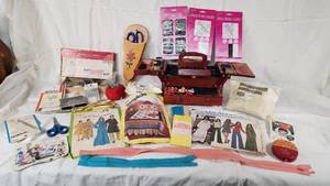 Sewing Supplies including Wooden Sewing Box, Needle Sets, Patterns, and Accessories