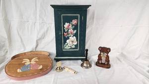 Decorative Wooden Cabinet, Bunny-Themed Box, and Miscellaneous Decor Items