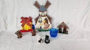 Various Decorative and Collectible Items Including Miniature Lamps, Windmill Art, and Figurines