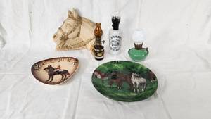 Horse-Themed Decorative Plates, Ceramic Horse Head, and Miniature Oil Lamps