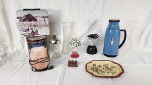 Metal Lunch Box with Farm Scene, Glass Vases, Thermos, and More Home Decor Items