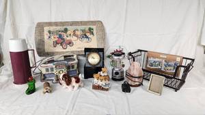 Home Decor and Collectibles Lot including Thermos, Clock, Figurines, and More