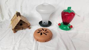 Bird Feeders and Birdhouse Lot including Hummingbird Feeder and Ceramic Feeder