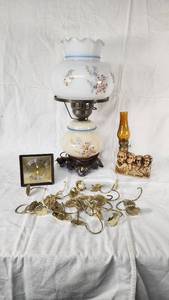Antique Floral Glass Lamp, Taylor Hygrometer, and South Dakota Souvenir with Brass Hooks
