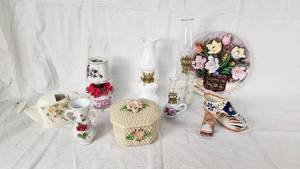 Assorted Vintage Home Decor Items including Hand-Painted Japan Shoe, Floral Plate, and Decorative Lamps