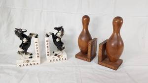 Ceramic Horse and Wooden Bowling Pin Bookends