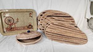 Ceramic Covered Dish, Serving Tray, and Woven Mats Set