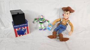 Eternal Revenue Man Coin Bank, Buzz Lightyear Mini Buddy, and Woody Doll