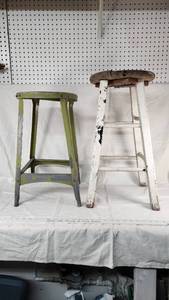 Green and White Vintage Metal and Wood Stools