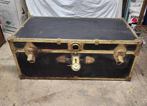 Vintage Black Trunk with Brass Accents and Wood Interior